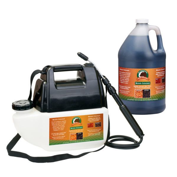 Just Scentsational Black Bark Mulch Colorant in a one gallon battery powered sprayer